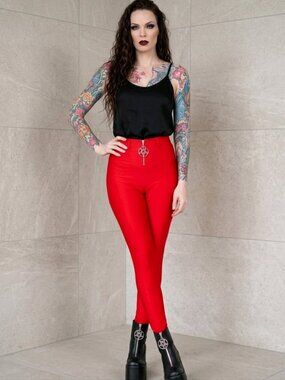 Killstar Disco Obskura Scarlet Jeans Glossy Red High Waist Skinny Pants Goth New